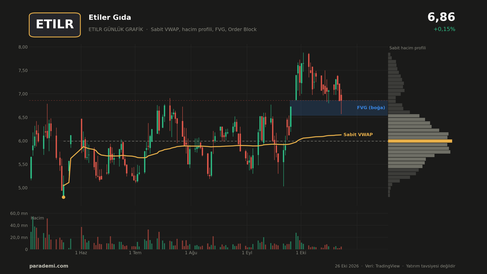 ETILR hisse günlük grafik — sabit VWAP, sabit hacim profili, FVG ve order block